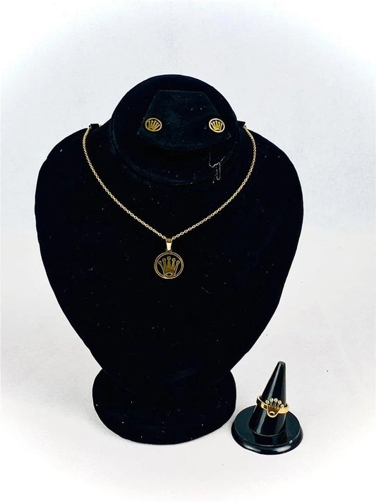 Gold Crown Jewelry Set for Women - Necklace Earrings Ring