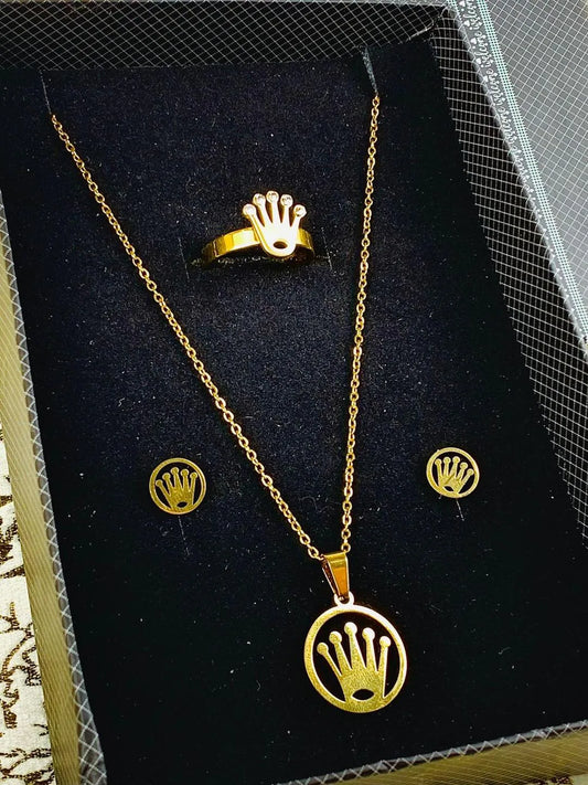Gold Crown Jewelry Set for Women - Necklace Earrings Ring