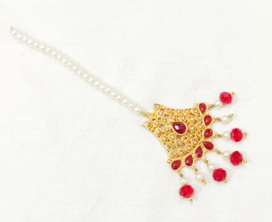Golden Bindiya with Red Gemstones \u0026 Pearls for Women