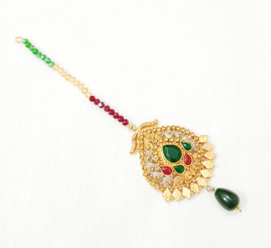 Golden Polish Bindiya with Green \u0026 Red Gemstones