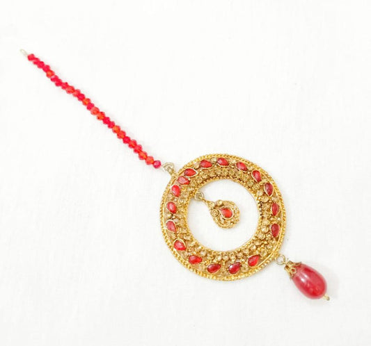 Golden Spiral Bindiya Necklace with Red Gemstones