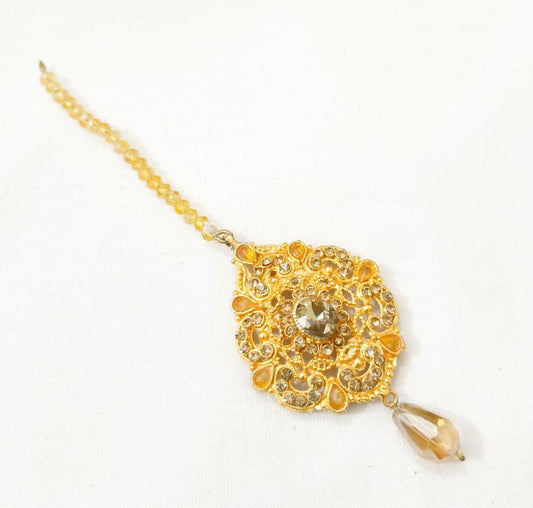 Golden Filigree Bindiya with Gemstone Pendant