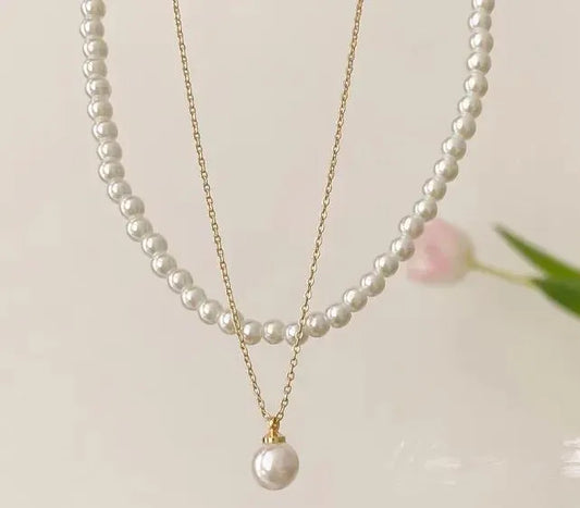 Double Layer Pearl \u0026 Gold Plated Necklace for Women 40cm