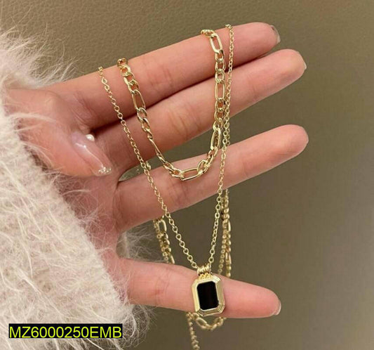 Golden Layered Chain Necklace with Black Stone Pendant 18\\