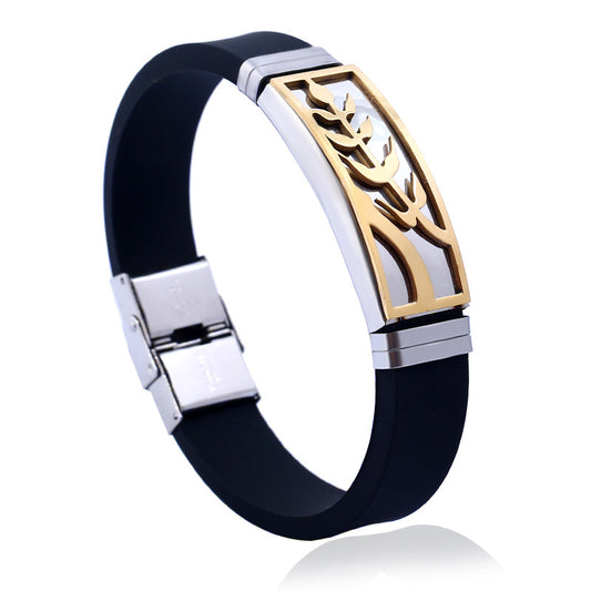 Black Silicone Men's Bracelet with Gold Engraved Design