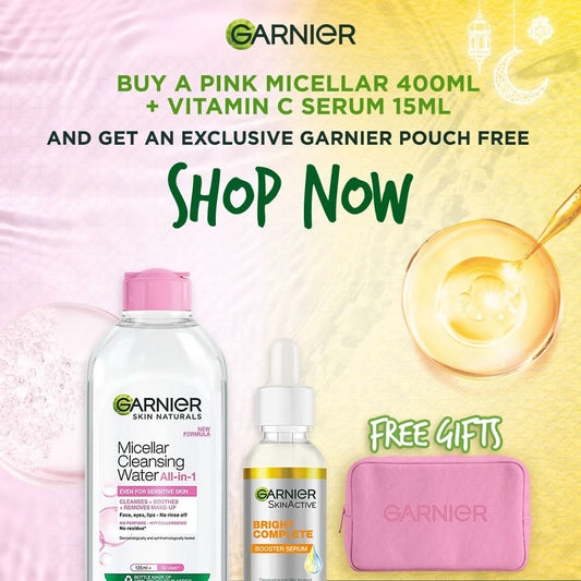 BUY A PINK MICELLAR 400 ML + VITAMIN C SERUM AND GET GARNIER POUCH FREE