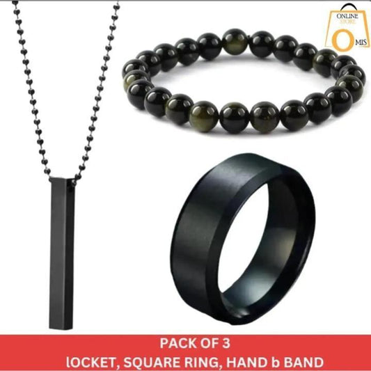 Men's 3-Piece Stainless Steel Black Jewelry Set
