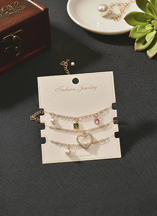 3-Piece Gold Plated Anklet Set with Crystal \u0026 Pearl Accents