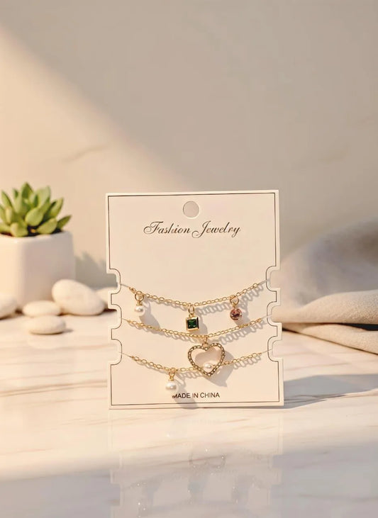 3-Piece Gold Plated Anklet Set with Crystal \u0026 Pearl Accents