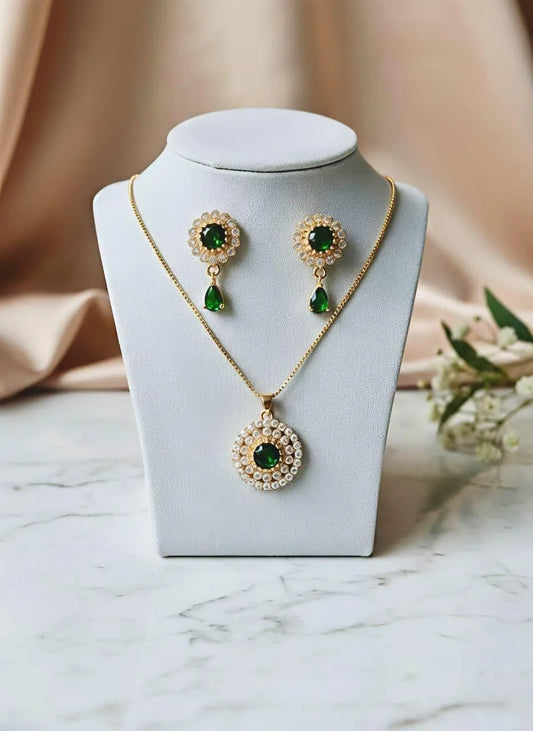 Green Zircon Pendant \u0026 Earrings Set Gold Plated for Women