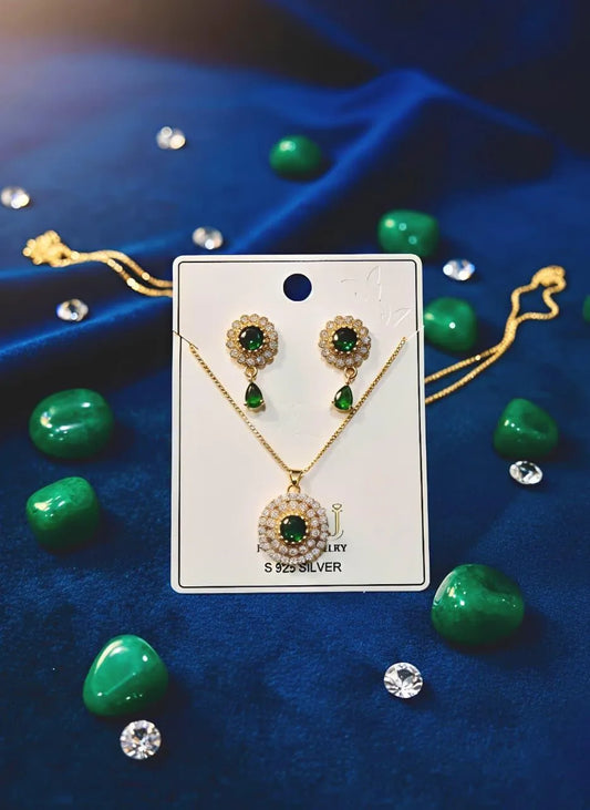 Green Zircon Pendant \u0026 Earrings Set Gold Plated for Women