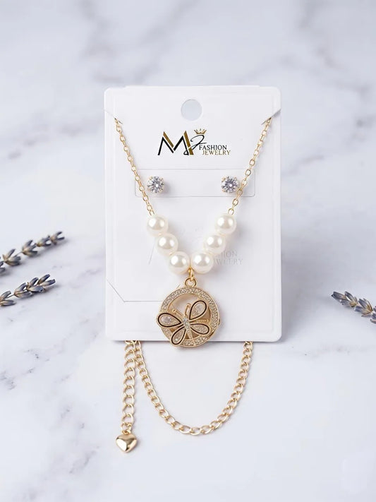 Gold Plated Clover Pearl Necklace Set for Women