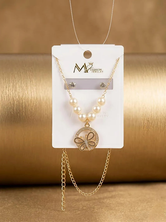 Gold Plated Clover Pearl Necklace Set for Women