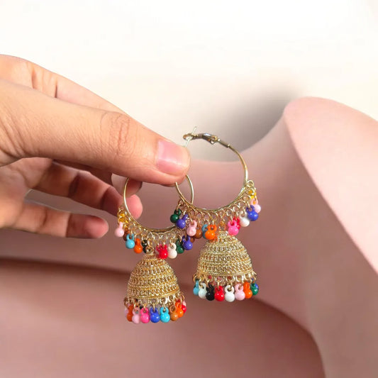 Golden Jhumka Earrings for Women with Crystal Tassels