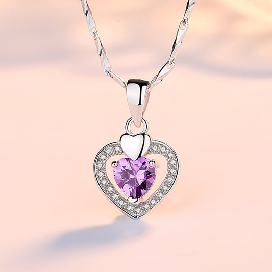 Sterling Silver Heart Pendant Necklace with Purple Diamond