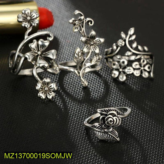 Antique Flower Rings Set of 4 Silver Plated