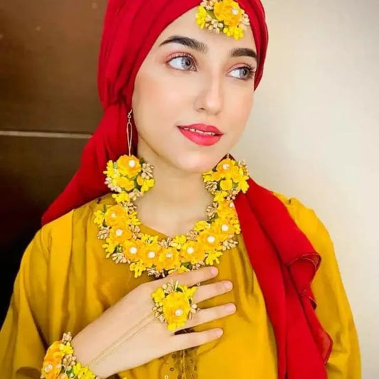 Floral Mehndi Jewelry Set Yellow Red Alloy
