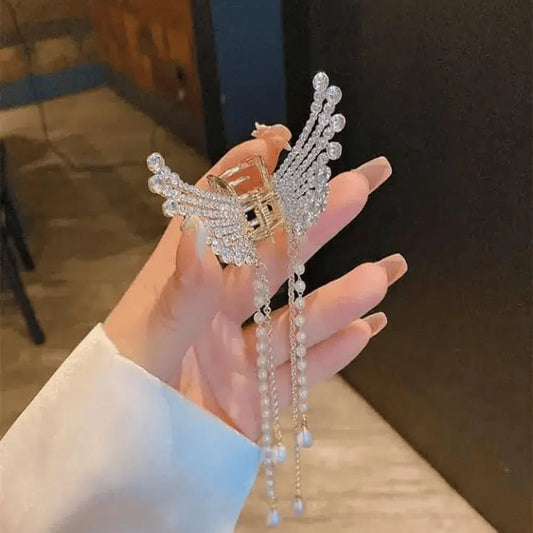 Butterfly Hair Claw with Zircon \u0026 Pearl Tassels Silver Gold