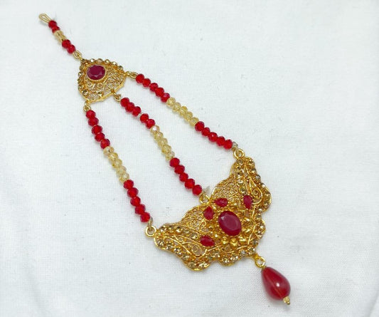 Gold Toned Jhumar Necklace with Red Stones for Weddings