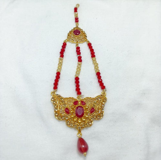 Gold Toned Jhumar Necklace with Red Stones for Weddings