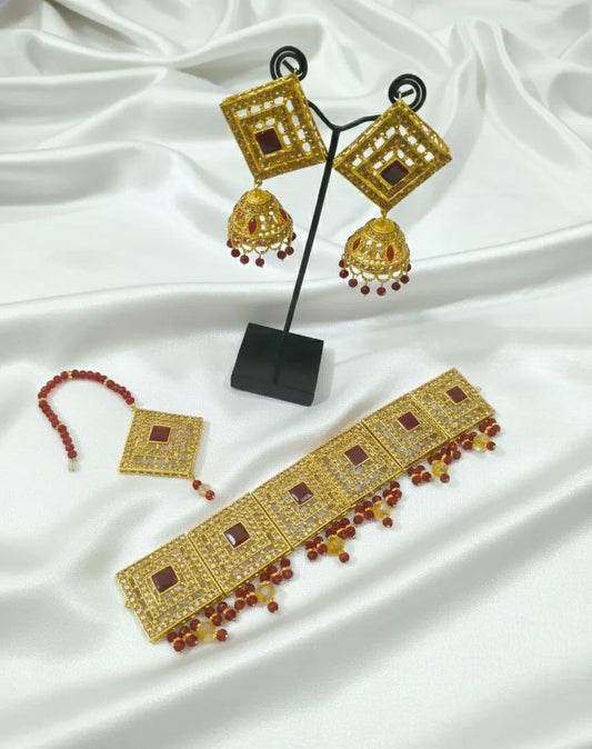 Premium Gold Bridal Set with Maroon Gemstones