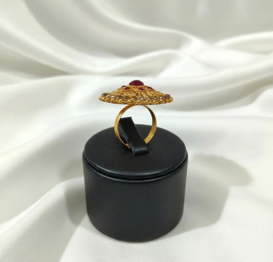 Golden Floral Adjustable Ring with Maroon Stones