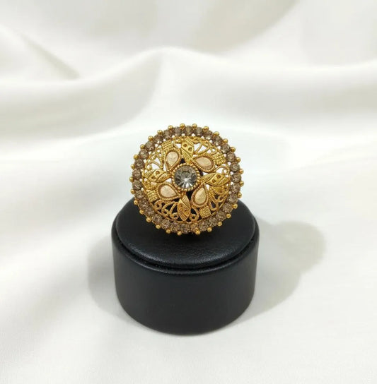 Golden Floral Adjustable Ring with Maroon Stones