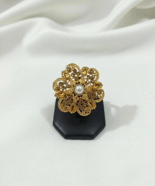 Adjustable Gold Floral Pearl Ring for Pakistani Women