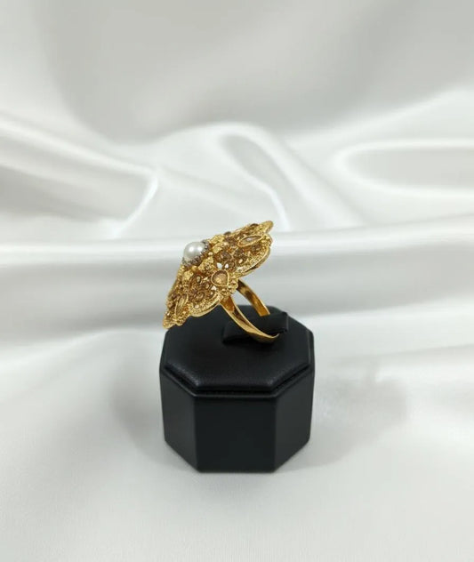 Adjustable Gold Floral Pearl Ring for Pakistani Women
