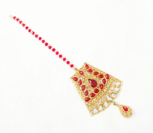 Golden Polish Bindiya with Red Gemstones for Women