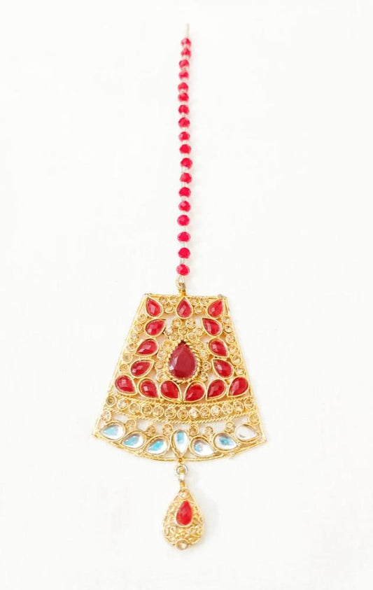 Golden Polish Bindiya with Red Gemstones for Women