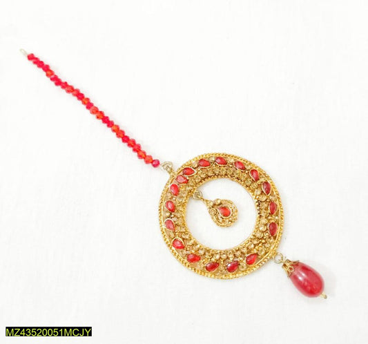 Golden Spiral Bindiya Necklace with Red Gemstones