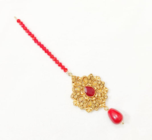 Golden Floral Bindiya with Red Gemstone