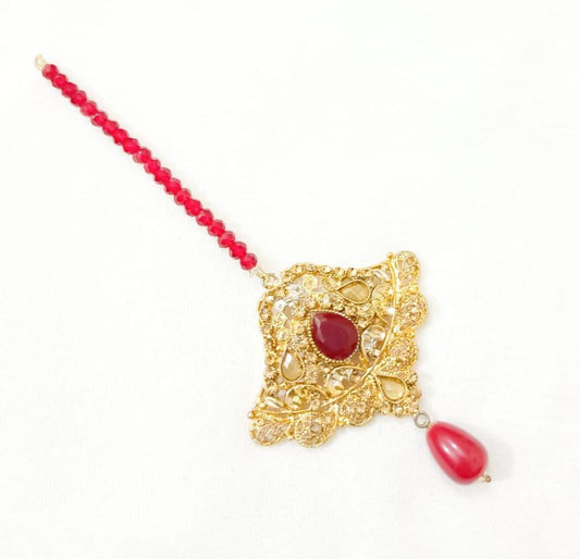Golden Polish Bindiya with Red Gemstone Chain