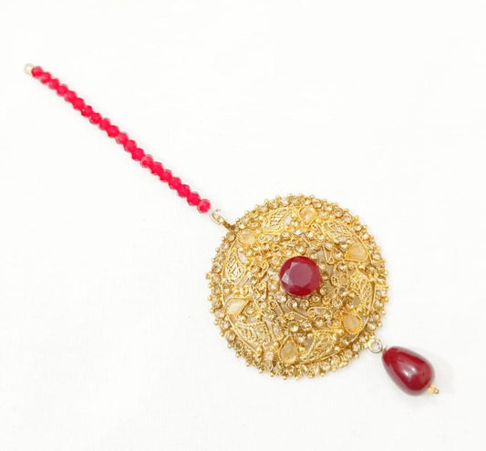 Golden Polish Bindiya with Red Gemstone for Weddings Eid