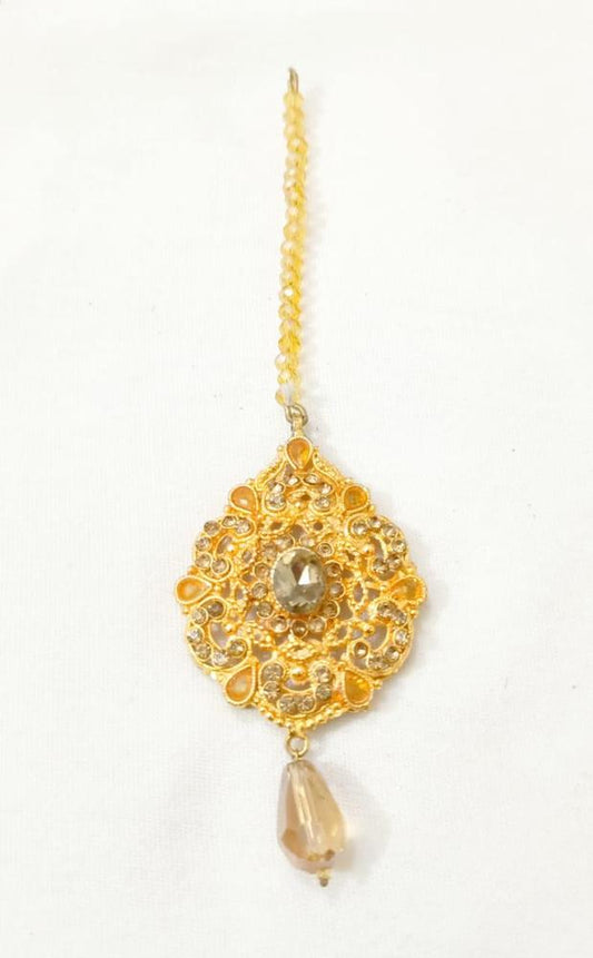 Golden Filigree Bindiya with Gemstone Pendant