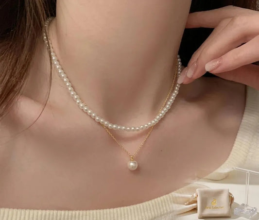 Double Layer Pearl \u0026 Gold Plated Necklace for Women 40cm