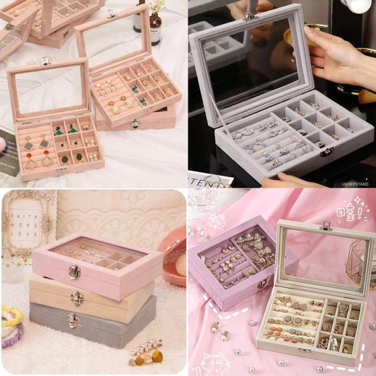 Velvet Jewelry Box Pink Grey Clear Glass Closure