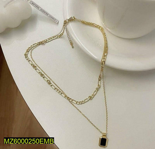 Golden Layered Chain Necklace with Black Stone Pendant 18\\