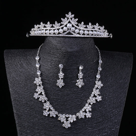 Pakistani Bridal Crown Necklace Earrings Set with Rhinestones