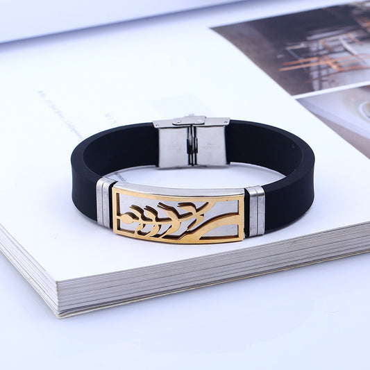 Black Silicone Men's Bracelet with Gold Engraved Design