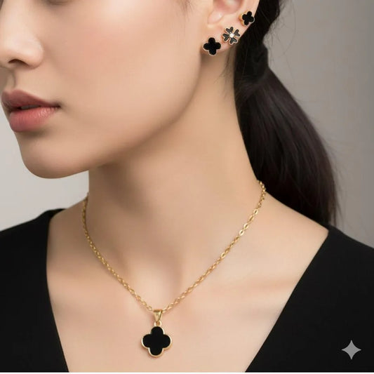 Black Quatrefoil Jewelry Set for Women Gold Plated