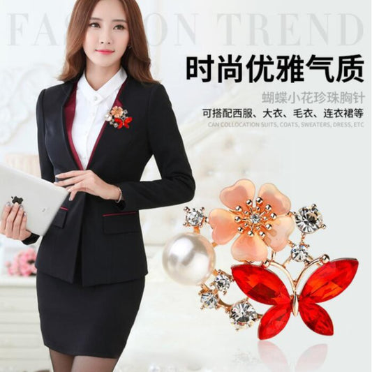 Butterfly Brooch with Pearl & Red Crystal Wings