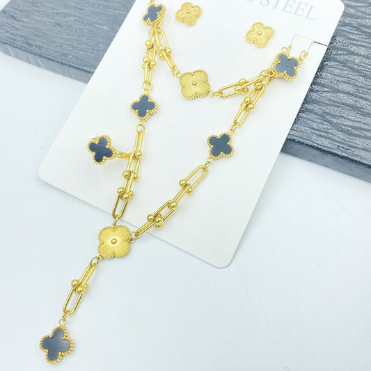 Four-Leaf Flower Bracelet Set Gold Turquoise Stainless Steel Daily Wear Jewelry