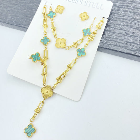 Four-Leaf Flower Bracelet Set Gold Turquoise Stainless Steel Daily Wear Jewelry
